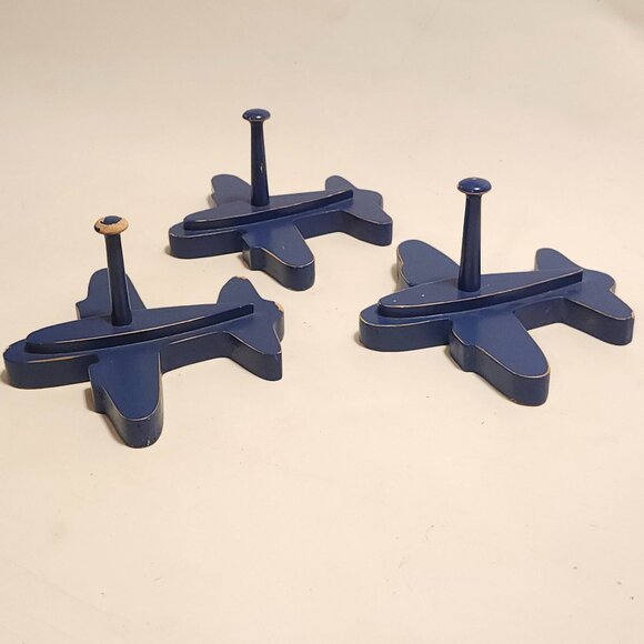 FUN Pottery Barn Blue Airplane Shape Child Coat Hat Wall Decor Hanging Wood Hook - Picture 4 of 5